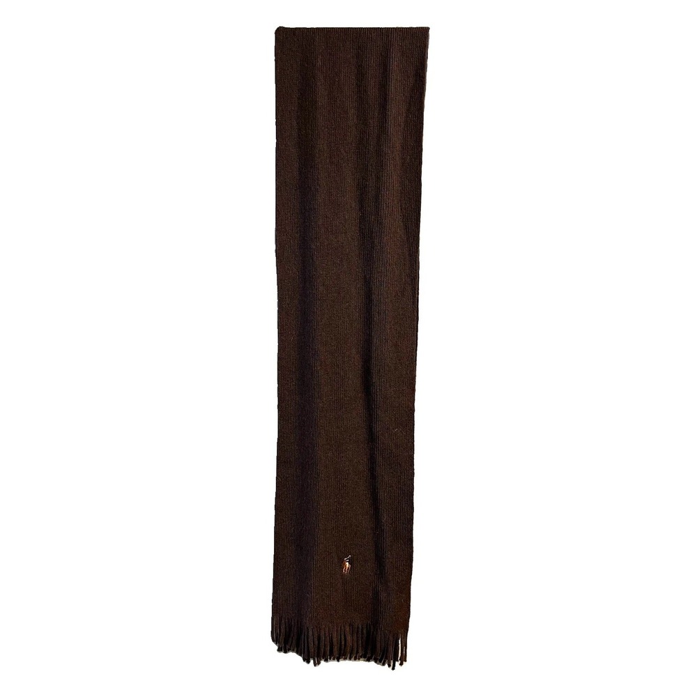 Polo Ralph Lauren 100% Merino Wool Scarf Brown Pony Logo Fringe Unisex